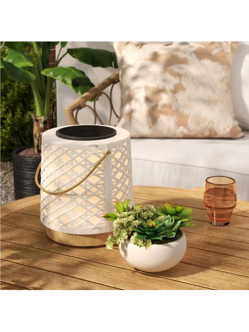Rattan Battery/Solar LED Outdoor Lantern Heathered White Threshold Studio McGee